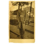 Portrait d'un soldat de la Luftwaffe en tunique étrange et chapeau à visière sans Sturmband